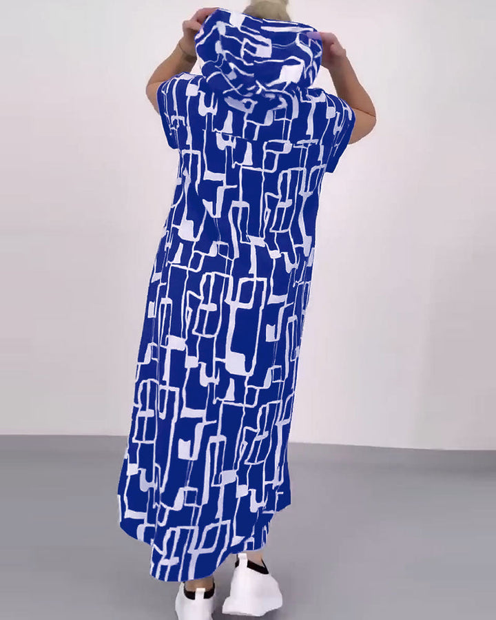 Women's casual hooded kaftan dress in loose fit with short sleeve cut and abstract graphic pattern Mune Fashion