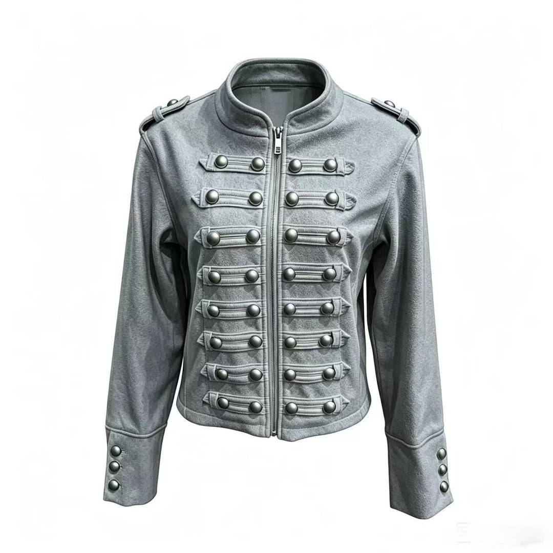 Ladies short jacket in military style with stand-up collar, decorative button placket and shoulder epaulettes Mune Fashion