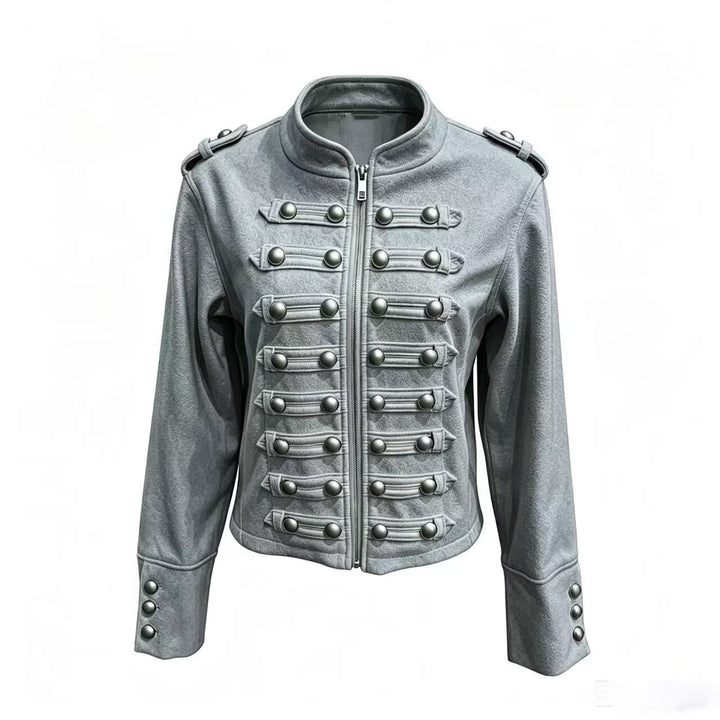 Ladies short jacket in military style with stand-up collar, decorative button placket and shoulder epaulettes Mune Fashion