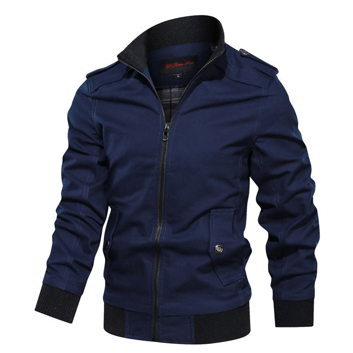 Men's lightweight canvas urban jacket in bomber style with high collar and concealed two-way zipper.