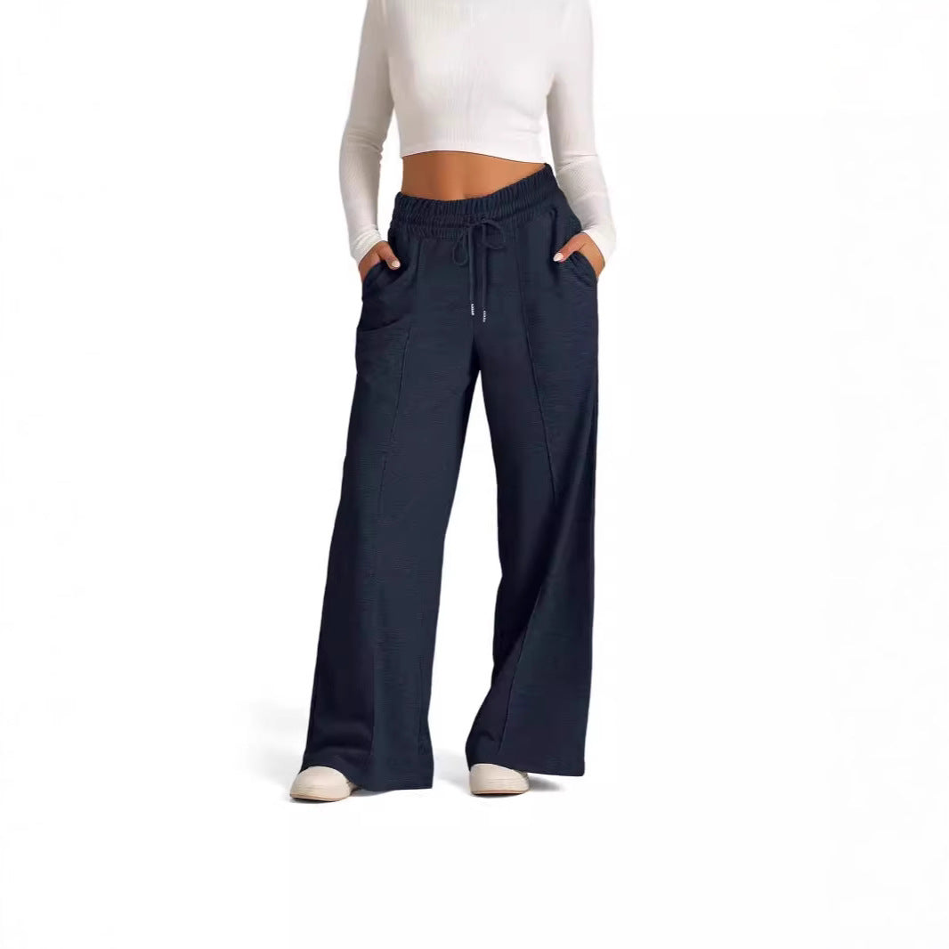 Women's High-Rise Wide-Leg Drawstring Lounge Pants with Side Pockets and Front Seam Mune Fashion