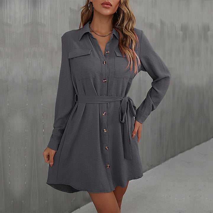 Women's Loose Shirt Blouse Mini Dress with Waist Belt and Patch Breast Pockets Mune Fashion