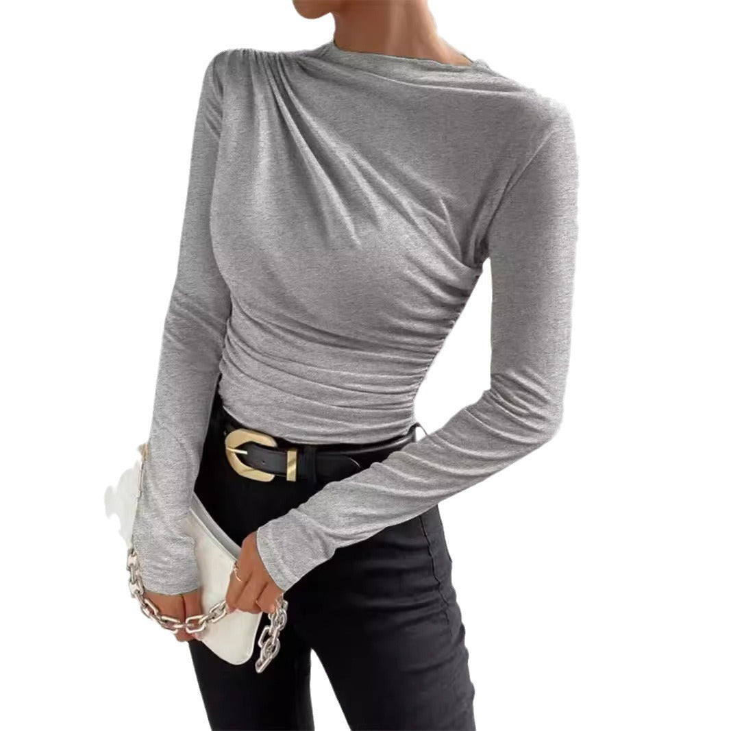 Women nan gathered long sleeve shirt with asymmetric boat neckline and figure-hugging silhouette Mune Fashion