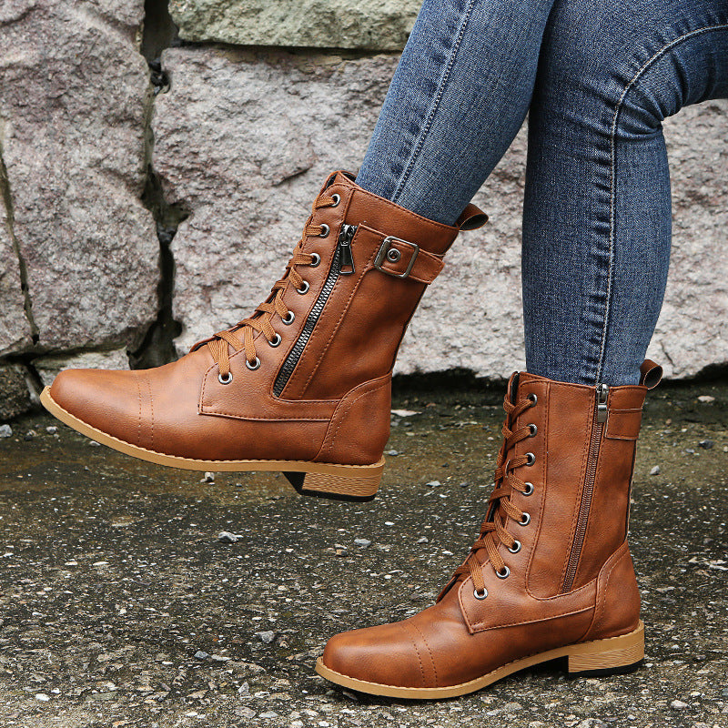 Women's ankle-high lace-up boots made of synthetic leather with a side zipper and durable tread sole Mune Fashion