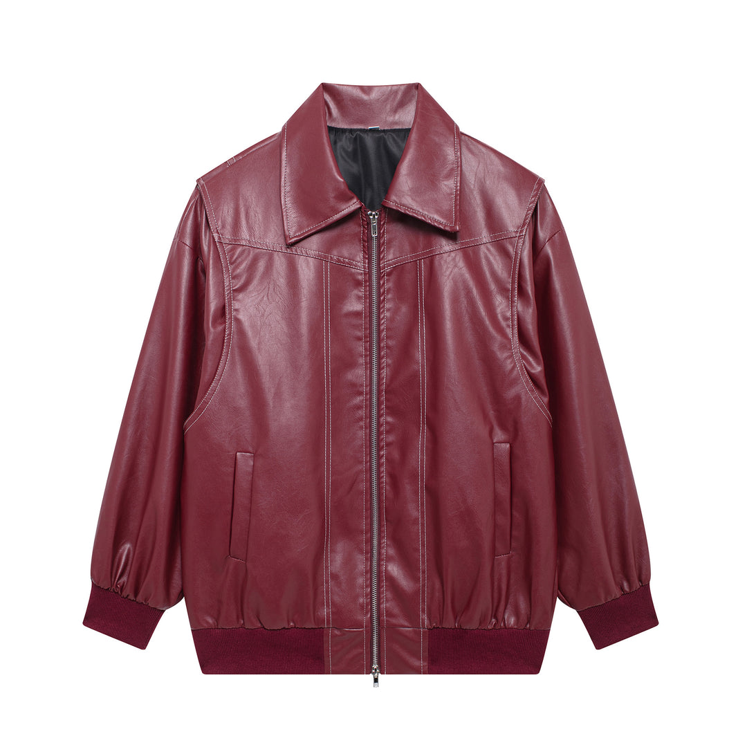 Women oversized faux leather bomber jacket with continuous zipper, oversized collar and ribbed cuffs Mune Fashion