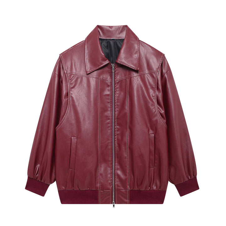 Women oversized faux leather bomber jacket with continuous zipper, oversized collar and ribbed cuffs Mune Fashion