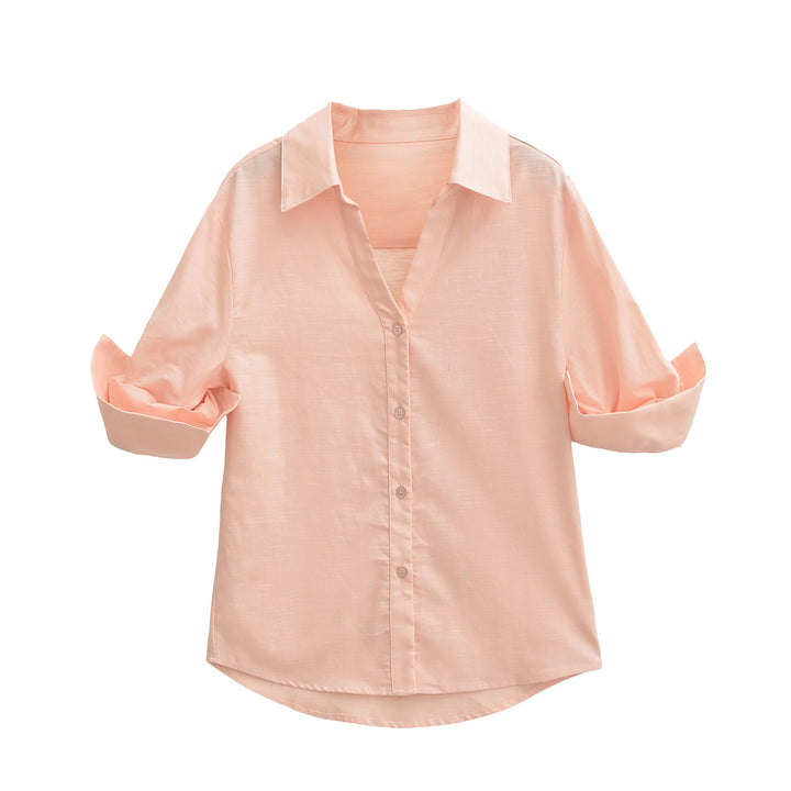 Women's Lightweight Oversized Linen-look Blouse with Kent Collar and Roll-up Sleeves Mune Fashion