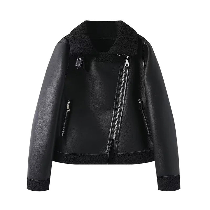 Women's fitted biker jacket in lambskin look with asymmetrical zipper Mune Fashion