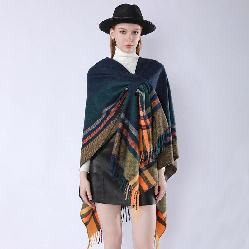 Women's Oversize Poncho Wrap with Drawstring, Check Pattern and Fringe Hem Mune Fashion