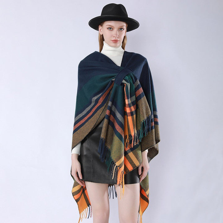 Women's Oversize Poncho Wrap with Drawstring, Check Pattern and Fringe Hem Mune Fashion