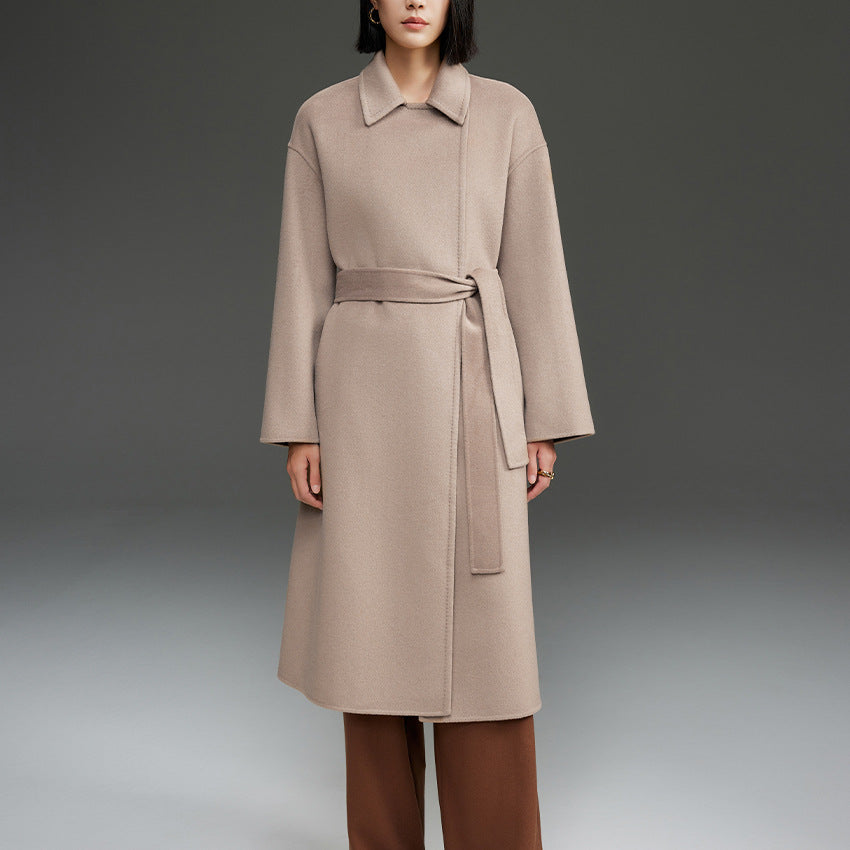 Women Straight Wool Blend Coat with Concealed Button Placket and Self-Tie Belt Mune Fashion