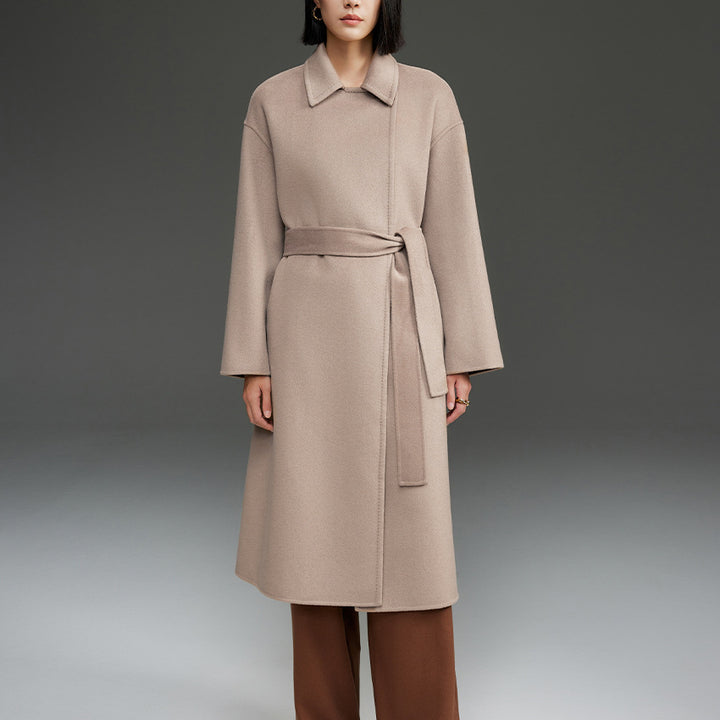 Women Straight Wool Blend Coat with Concealed Button Placket and Self-Tie Belt Mune Fashion