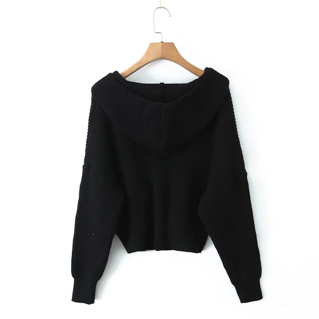 Women's Short Ribbed Knit Cardigan with Wide Hood Collar and Patch Pockets Mune Fashion