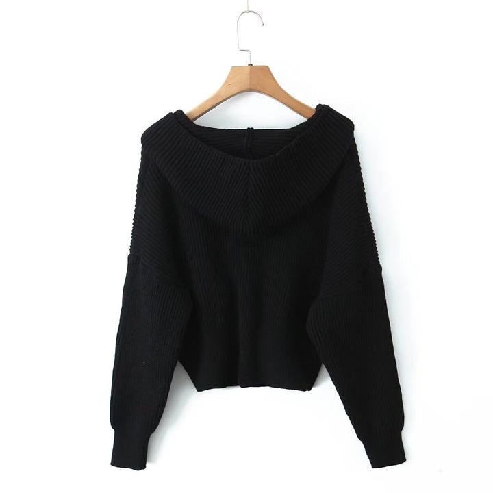 Women's Short Ribbed Knit Cardigan with Wide Hood Collar and Patch Pockets Mune Fashion