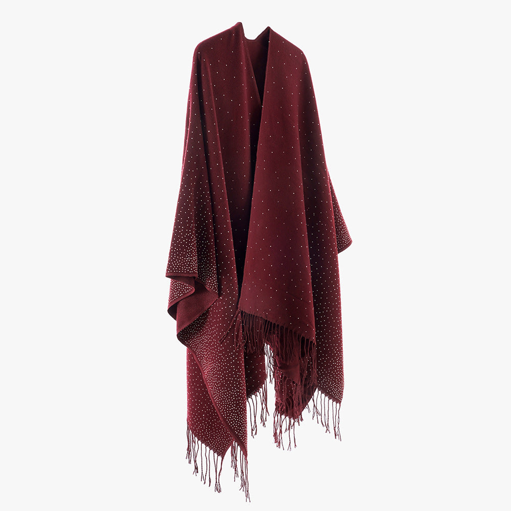 Women's Fringe Cape Poncho in Oversized Fit with Subtle Polka Dot Shine Mune Fashion