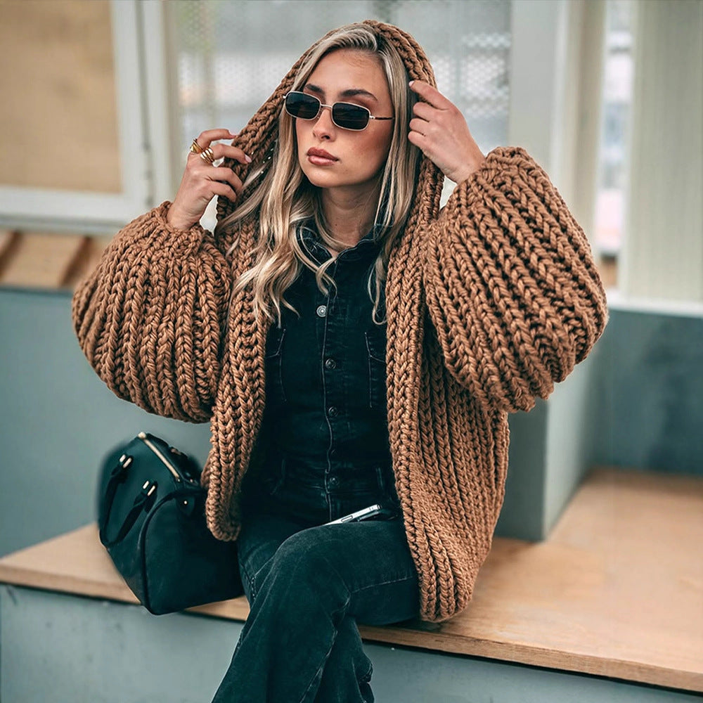 Women Oversize Chunky Knit Cardigan with Large Hood & Voluminous Sleeves Mune Fashion