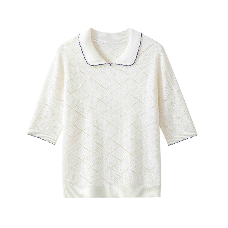 Women's short sleeve fine knit pullover with Peter Pan collar, eyelet diamond pattern and fine contrast edge Mune Fashion