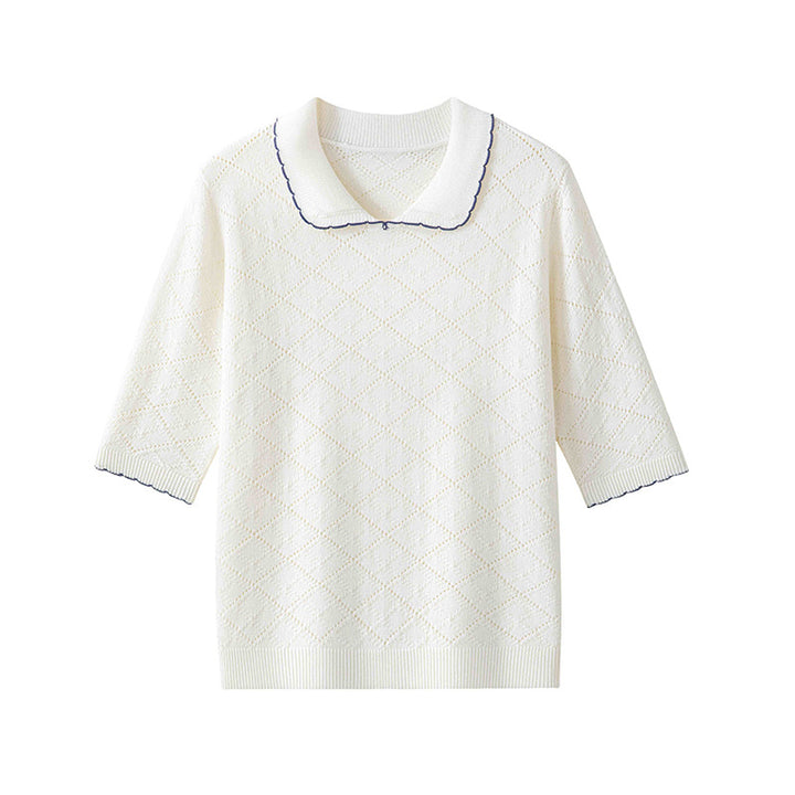Women's short sleeve fine knit pullover with Peter Pan collar, eyelet diamond pattern and fine contrast edge Mune Fashion