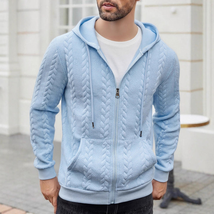 Men's knitted hooded sweat jacket with cable pattern, full zip and kangaroo pocket Mune Fashion