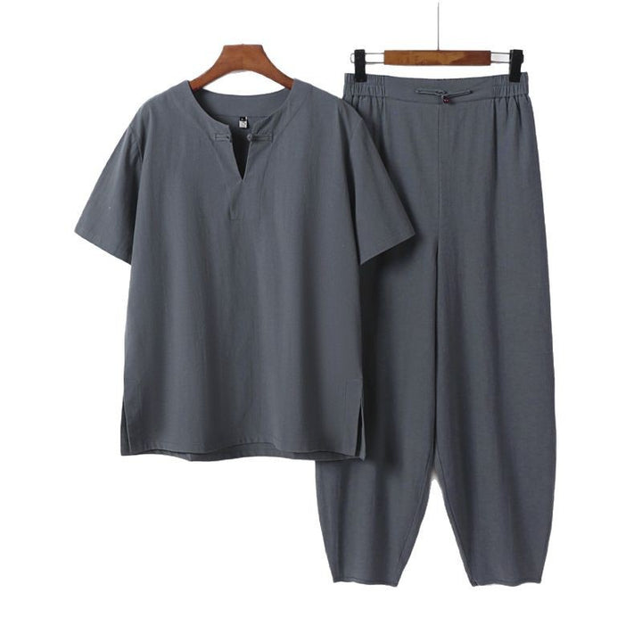 Men's Two-Piece Set with Short Sleeve Stand Collar Shirt and Elastic Harem Pants Mune Fashion