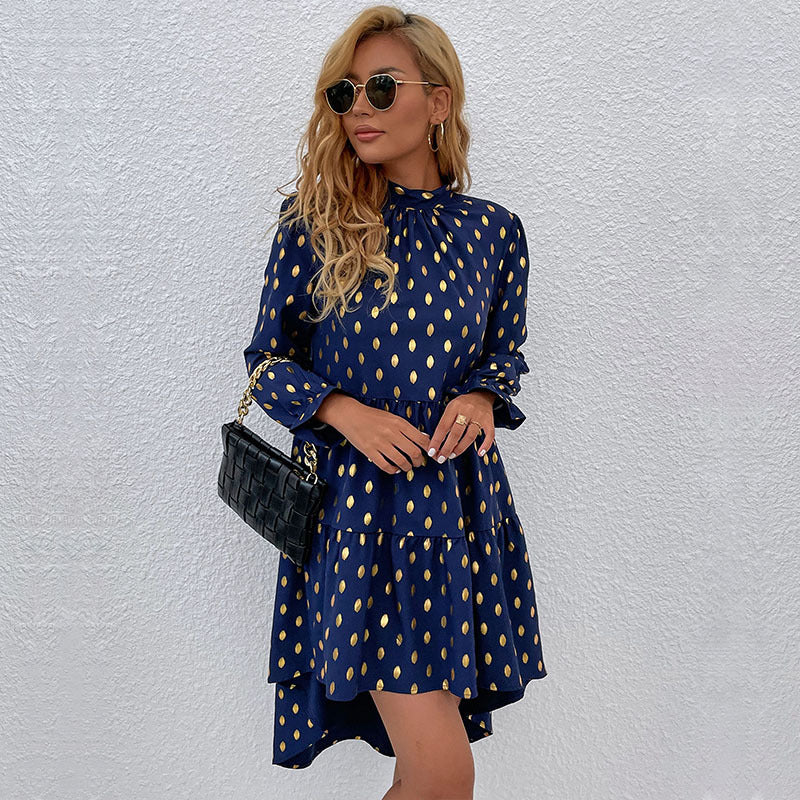 Ladies Ruffle Tiered Dress with Gathered Stand-Up Collar and Shiny Dots Mune Fashion
