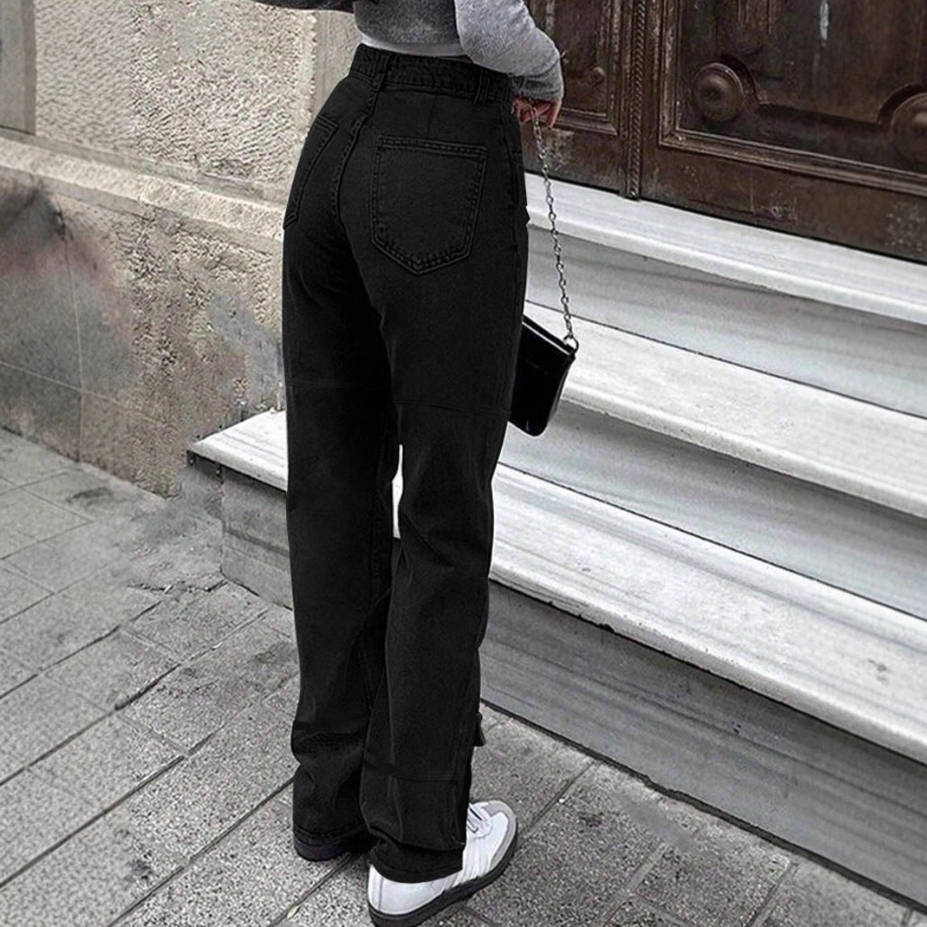 Women's cargo denim pants with large thigh pocket and wide straight-leg Mune Fashion