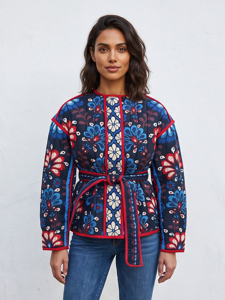 Women's Tailored Quilted Jacquard Cotton Jacket with Folk Floral Pattern & Tie Belt Mune Fashion