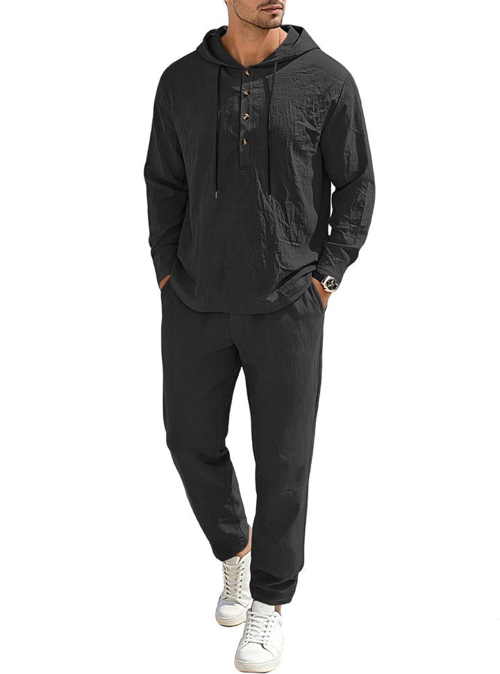 Men's relaxed hoodie Henley leisure suit made of lightweight cotton blend with linen look, featuring drawstring and elastic waistband pants Mune Fashion