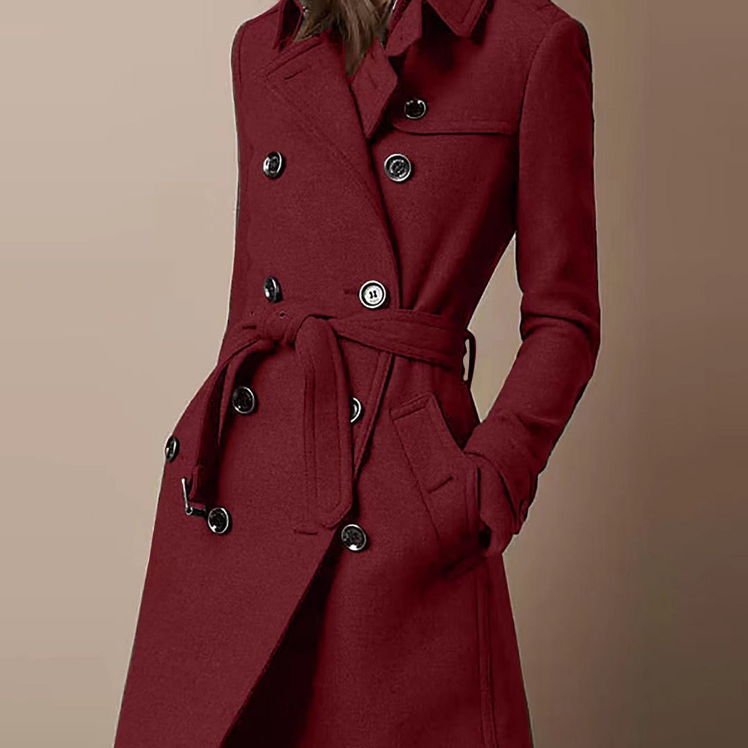 Women's Double-Breasted Wool Blend Trench Coat with Waist Belt Mune Fashion