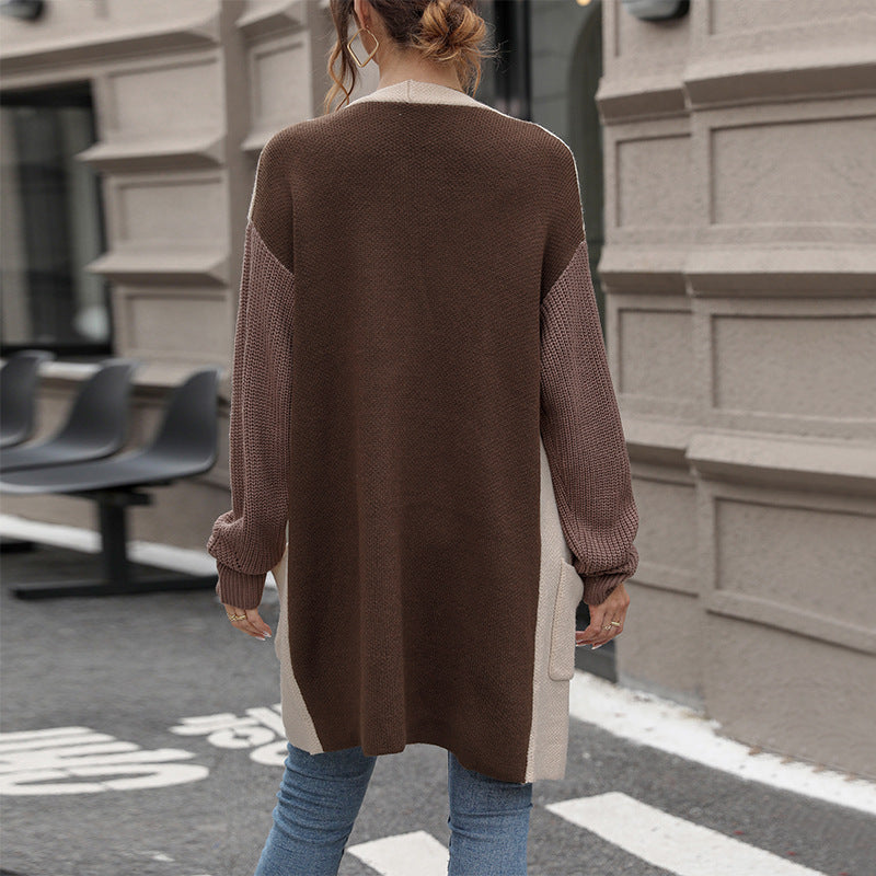 Women's Long Cardigan with Contrast Sleeves and Patch Pockets Mune Fashion