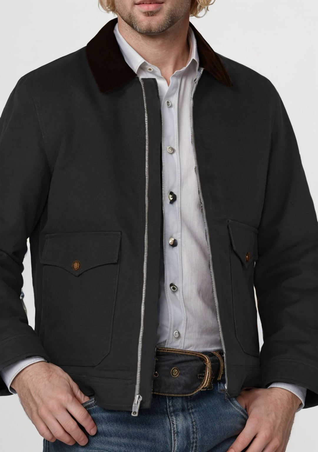 Men's robust canvas field jacket with corduroy collar and patch pockets Mune Fashion