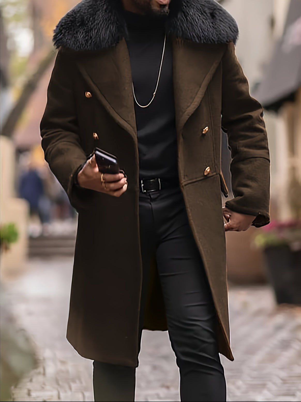 Men's double-breasted wool overcoat with voluminous sheepskin collar and gold decorative buttons Mune Fashion