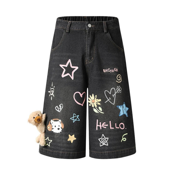 Women's playful denim culotte shorts with a high comfort waistband, allover doodle print & teddy pendant Mune Fashion