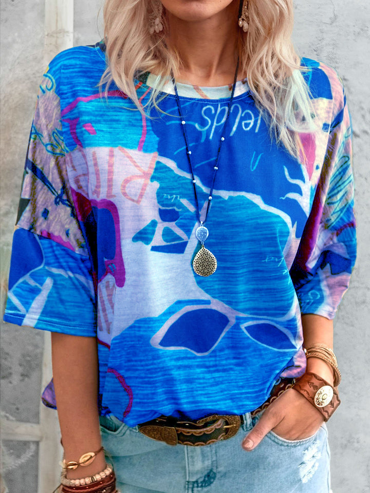 Women's Loose Viscose Print Shirt with Half-Length Sleeves and Round Neck Mune Fashion