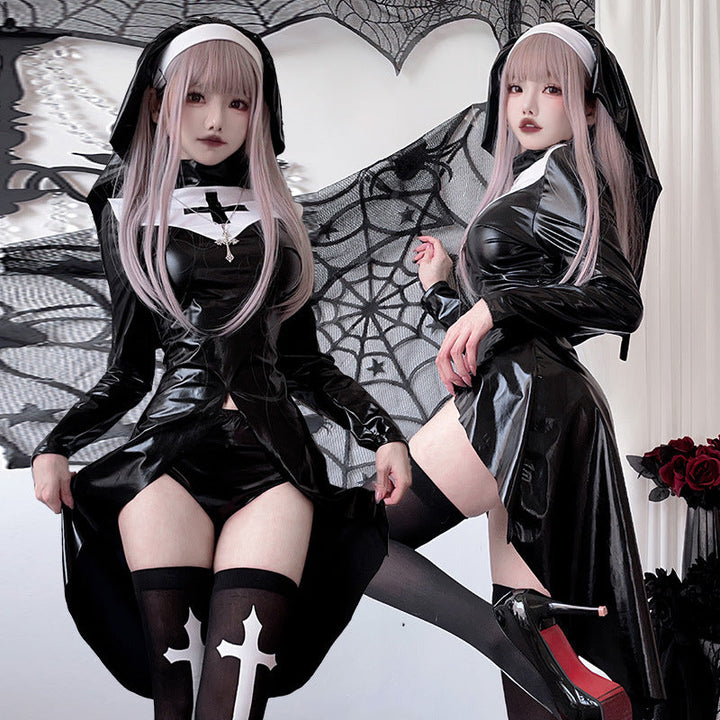 Women Gothic Nun Costume with expressive design and transparent overlay skirt Mune Fashion