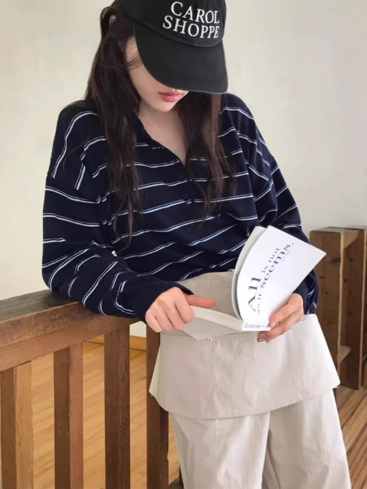 Women Oversized Polo Collar Knit Sweater with Stripes and Half Button Placket Mune Fashion