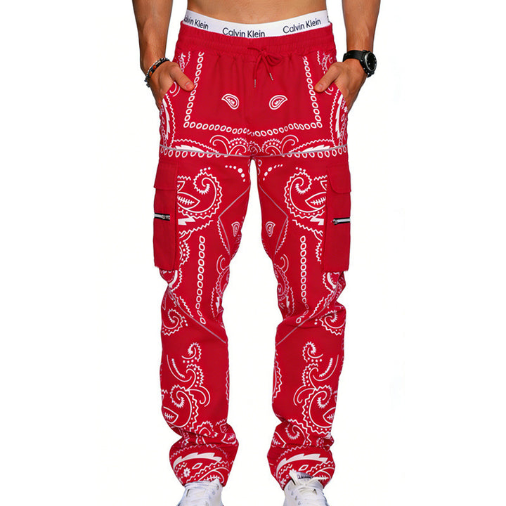 Men's cargo pants with bandana print, elastic waistband, and zipper pockets Mune Fashion