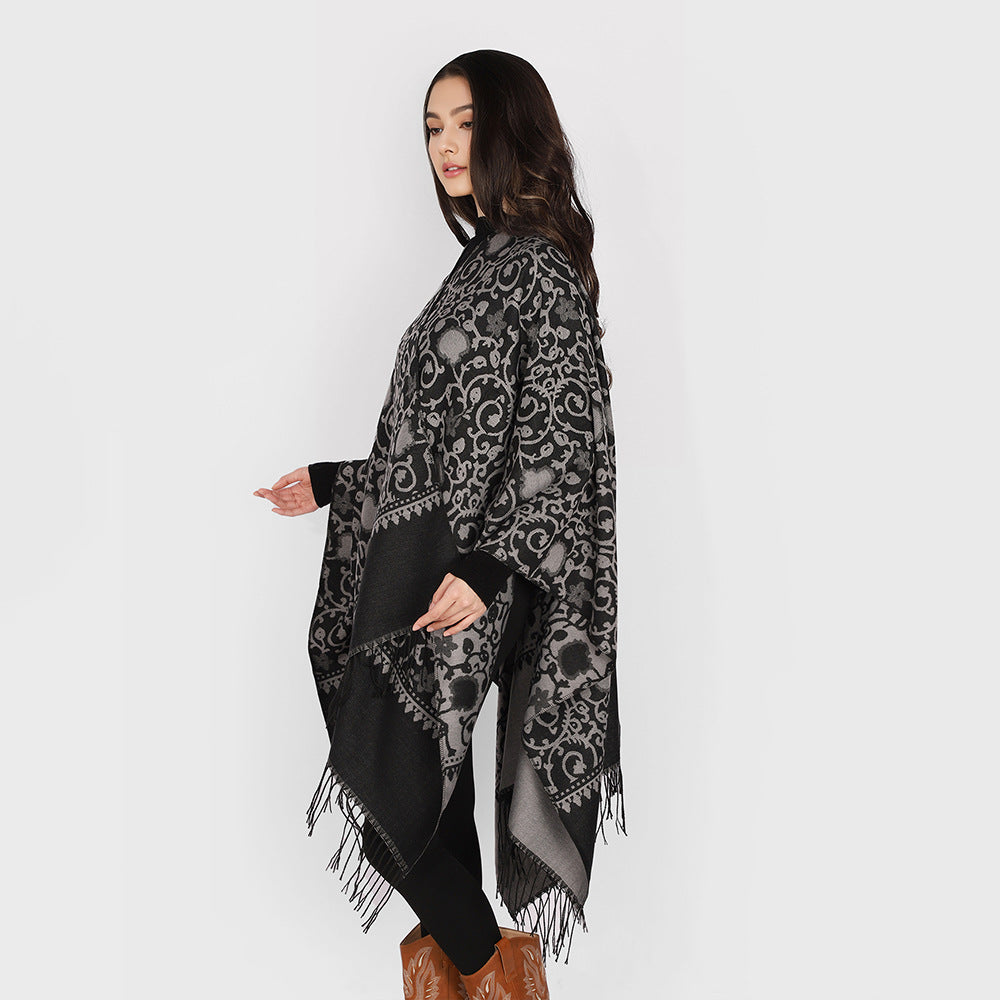 Women's Jacquard Ruana with ornamental border pattern and fringe hem Mune Fashion