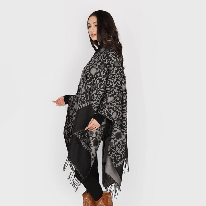 Women's Jacquard Ruana with ornamental border pattern and fringe hem Mune Fashion