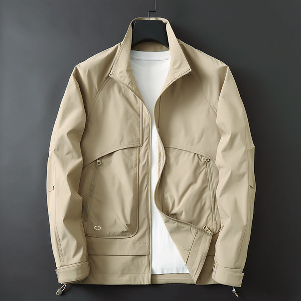 Men's lightweight technical transition jacket with stand-up collar, water-repellent ripstop look, and concealed zip pockets Mune Fashion