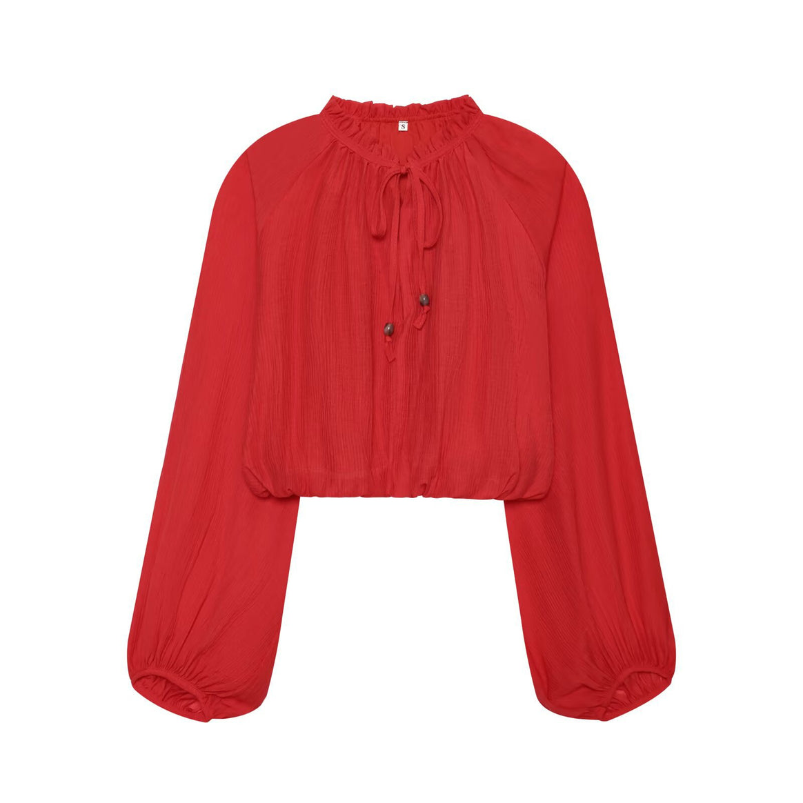 Women's Lightweight Pleated Crop Top with Ruffled Collar and Drawstring Mune Fashion