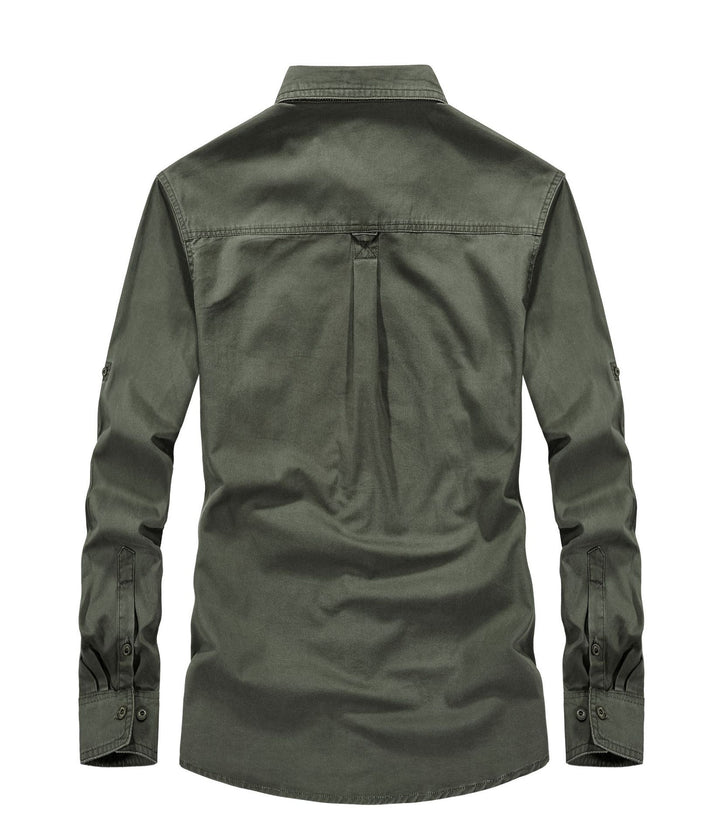 Men's Canvas Utility Field Shirt with Patch Pockets, Stand Collar, and Sleeve Roll Function Mune Fashion