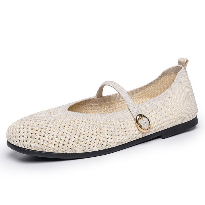 Women's breathable knitted Mary Jane ballerina shoes with elastic strap, gold decorative eyelet, and removable memory insole Mune Fashion