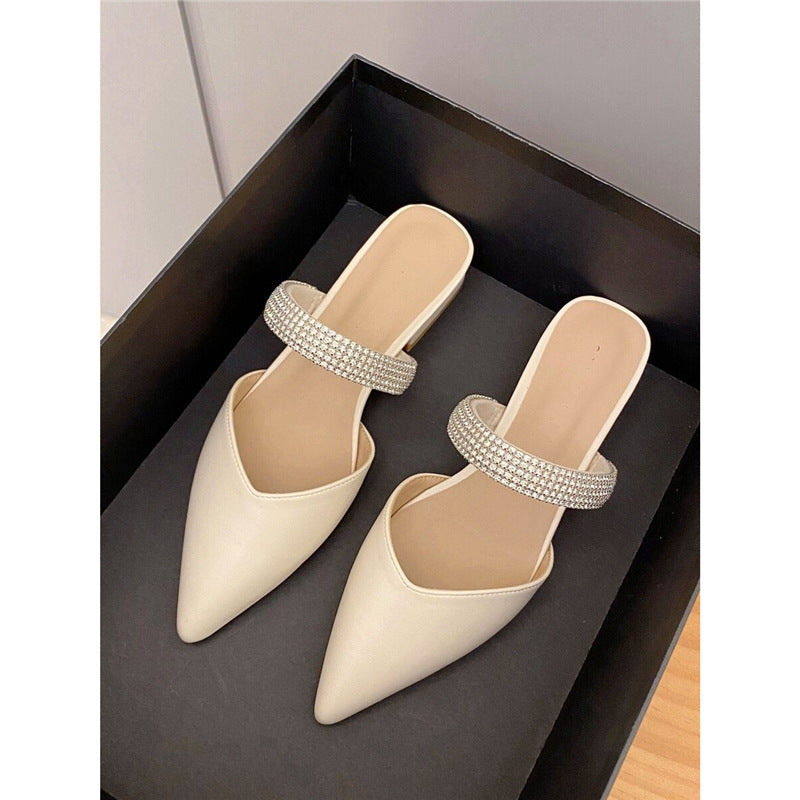 Women’s pointed toe backless mules with double row crystal strap and sculpted block heel Mune Fashion