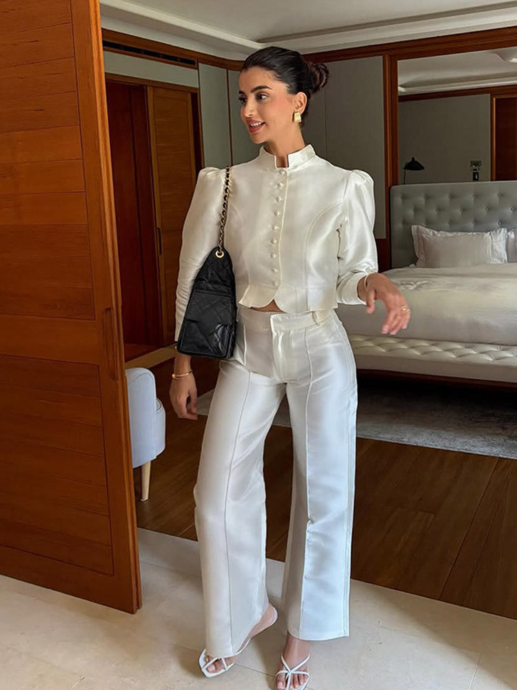 Women Satin Two-Piece with Tailored Short Jacket, Stand Collar & High-Waist Wide Pants Mune Fashion