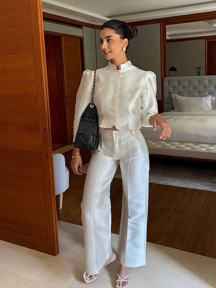 Women Satin Two-Piece with Tailored Short Jacket, Stand Collar & High-Waist Wide Pants Mune Fashion