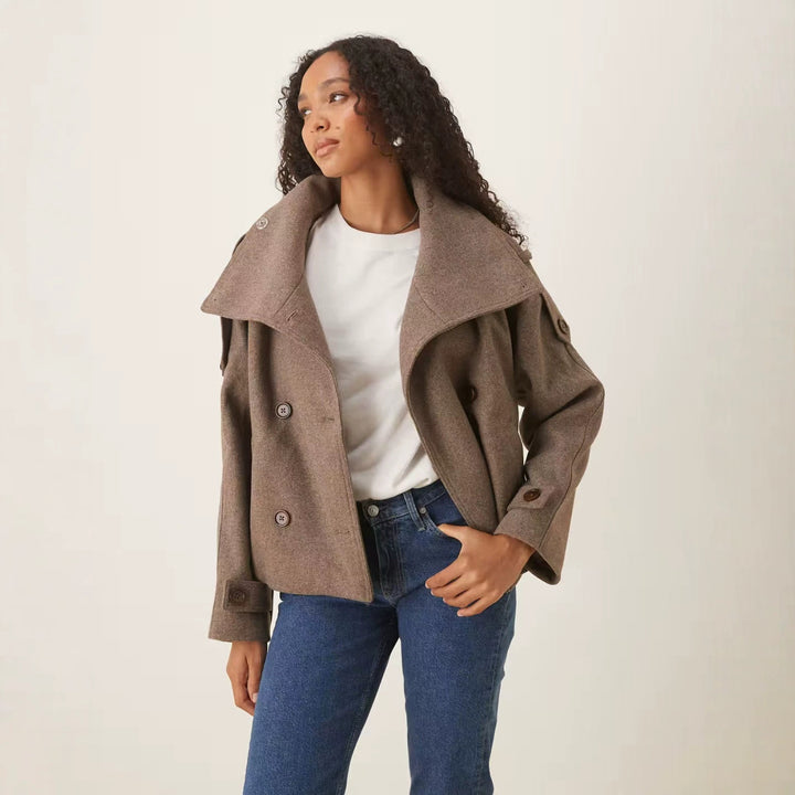 Women's Short Double-Breasted Wool Peacoat with Stand-Up Collar Mune Fashion