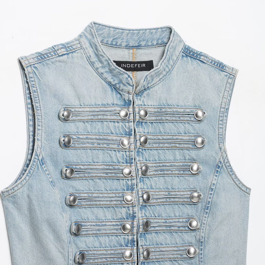 Women's jeans vest in military look with stand-up collar and decorative press stud placket Mune Fashion