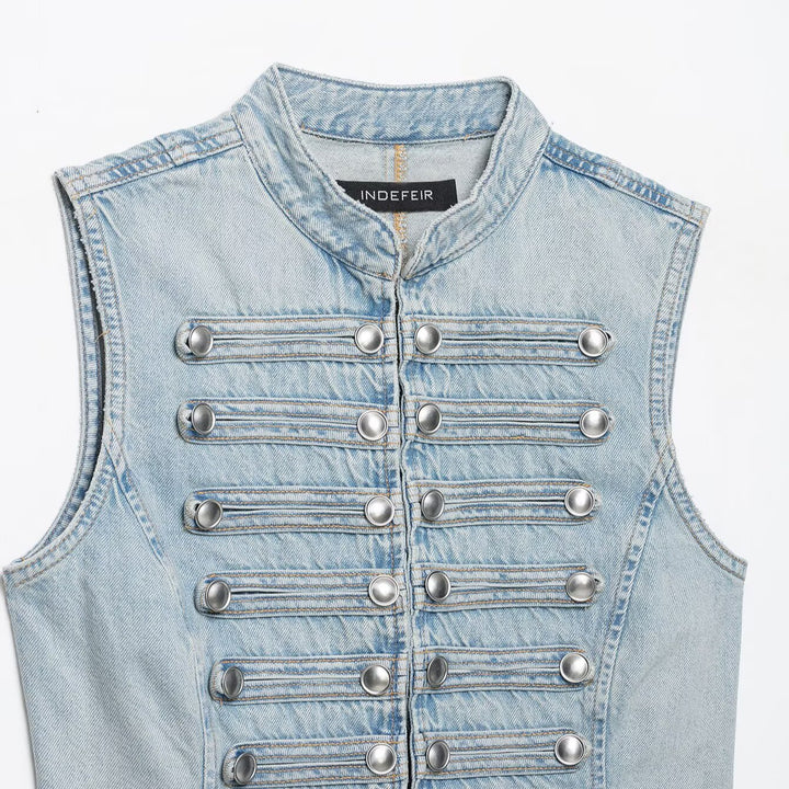 Women's jeans vest in military look with stand-up collar and decorative press stud placket Mune Fashion