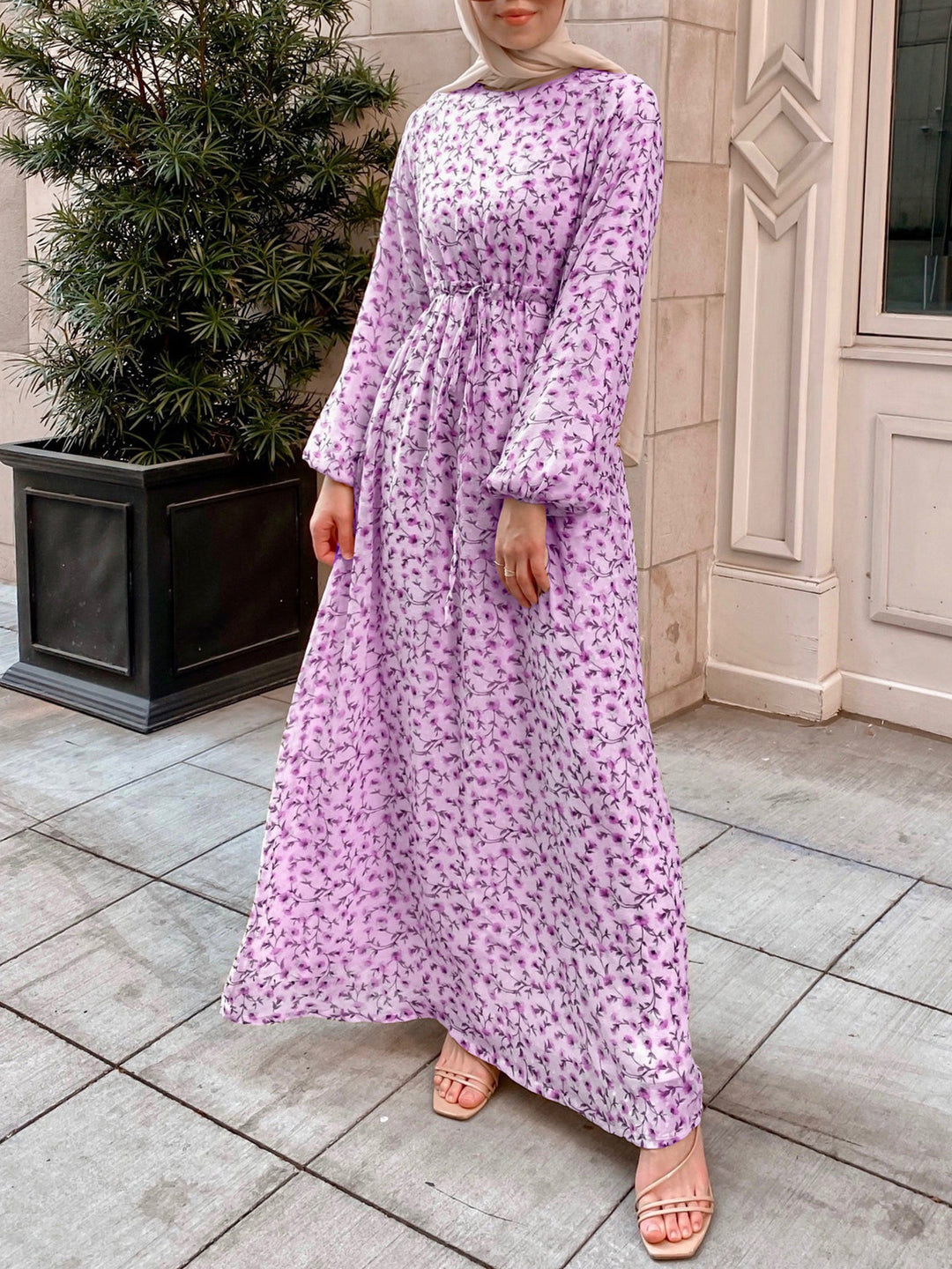Women Floral Maxi Dress with Drawstring Waist and Balloon Sleeves Drune